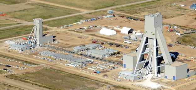 Production and service shaft headframes at the BHP Jansen Mine, Saskatchewan, Canada
