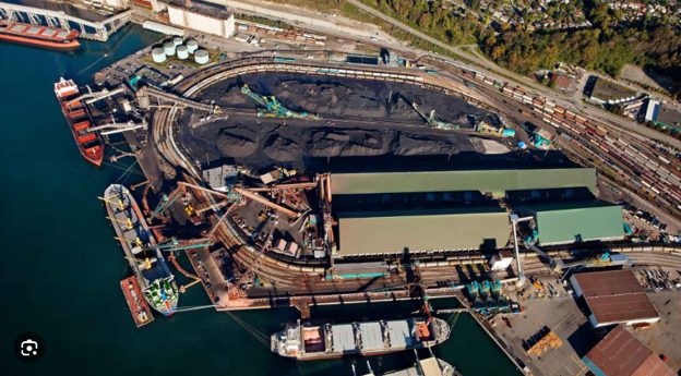 Aerial view of the Neptune Bulk Terminals marine facility, Vancouver, British Columbia
